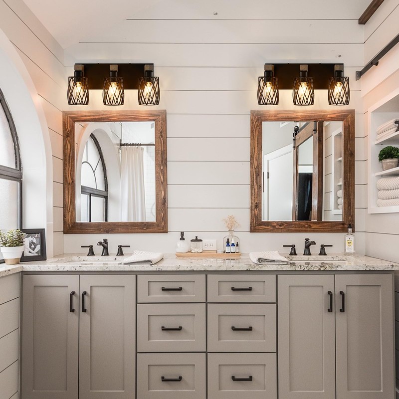 Farmhouse Bathroom Vanity Light, 3-Light Wood Bathroom Light Fixtures Over
