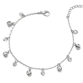 Beautiful Link Chain Anklet Bracelet with Dangling Grooved Hearts and Jingle Bells, Adjustable(CA)