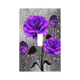 Purple Rose Butterfly Print Decorative Light Switch Cover 1-Gang Romantic Gray Blossom Flowers Floral Raindrops Art Single Toggle Wall Plate Electrical Device Outlet Switch Faceplate Cover Jumbo Size
