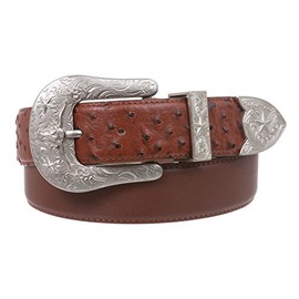 Western Faux Ostrich Print Stitching-Edged Leather Belt, Tan | 38"