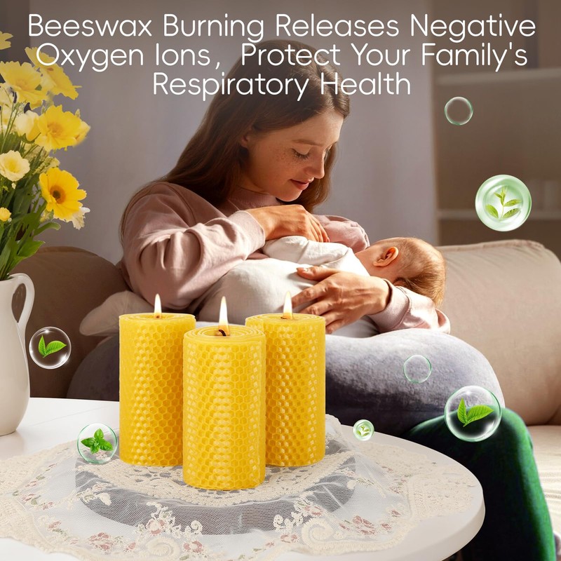 3 Pack Natural Beeswax Pillar Candles,Handmade Pure Beeswax Rolled Candle-60