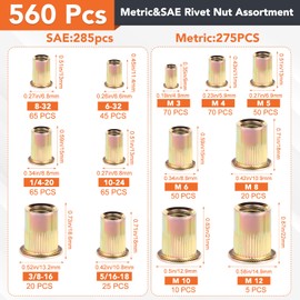 Hapric 560 Pcs Metric&SAE Rivet Nut Assortment Kit, M3-M12#6-32#8-32#10-24 1/4"-20 5/16"-18 3/8"-16 Rivnuts Threaded Inserts for Metal Carbon Steel Flat Head Threaded Insert Nut