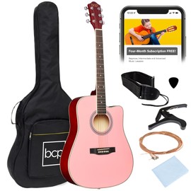 Best Choice Products 41in Beginner Acoustic Guitar Full Size All Wood Cutaway Guitar Starter Set w/Case, Strap, Capo, Strings, Picks - Pink