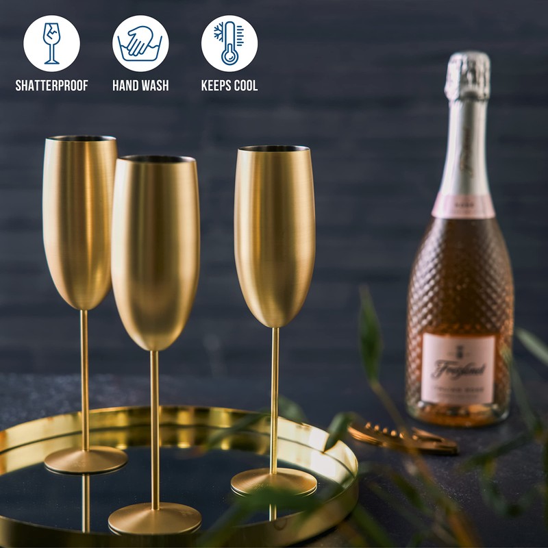 Oak & Steel - 4 Stainless Steel Champagne Flutes with
