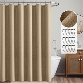 MIULEE Extra Long Waffle Weave Shower Bath Curtain 84 Inch Long with 12 Metal Hooks Modern Washable 260GSM Heavy Fabric Waterproof Thick Cloth Shower Curtains Set for Bathroom Bathtub, Khaki