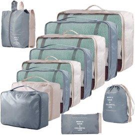 Assorted-Colour Packing Cubes, Lightweight Dual-Colour Packing Organisers, 14-Piece Two Colour Luggage Cubes for Travel & Holidays & Business Travel (14 Grey & Beige)