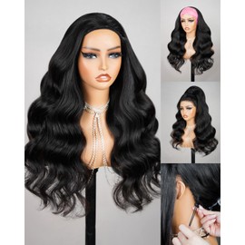 Megalook hair Headband Wig Human Hair Half Wig Body Wave Glueless Wigs Human Hair Body Wave No Lace 26 Inch Drawstring Ponytail for Black Women Beginner Friendly