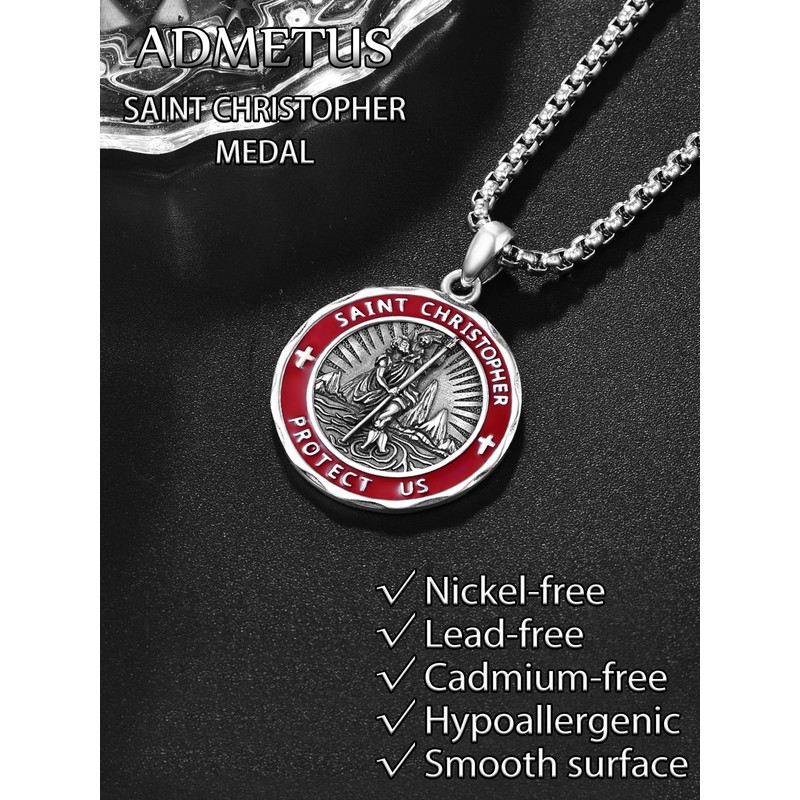 ADMETUS Red St Christopher Necklace Mens Sterling Silver St Christopher
