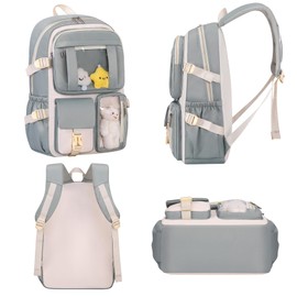 HORHREAR Kawaii Backpack 5Pcs Set for School, Cute Clear Backpack Preppy with Aesthetics Pendant for Girls Boys Primary Bag (Set-Light Green)