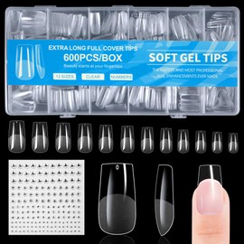 BUTBU Medium Square Nail Tips, 600 Pieces False Nail Tips, Soft Gel Tips, Full Cover Nail Tips Set, 12 Sizes Artificial Gel Nail Tips, for Nail Extension & Nail Art, DIY Nail Studio at Home