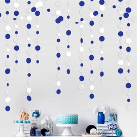52 Ft Navy Blue White Silver Circle Dots Garland Party Decorations Royal Blue Hanging Paper Polka Dots Streamer for Birthday Wedding Bridal Baby Shower Nautical Ahoy Anchor Pirate Theme Party Supplies