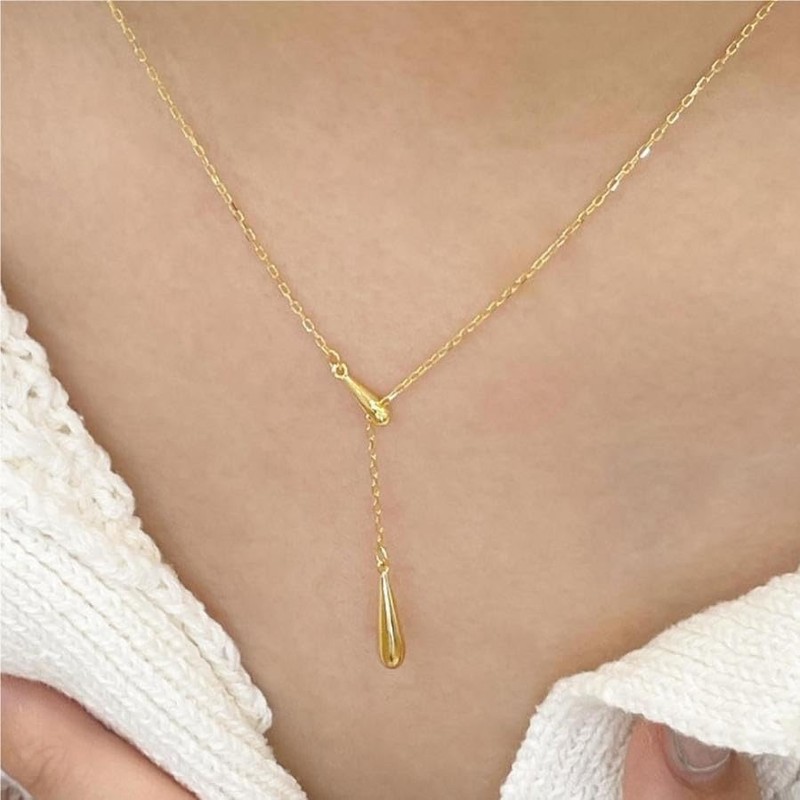 mellowact Long Necklace, Hypoallergenic, Silver, Coating, Gold, Lariat, Teardrop, Simple,