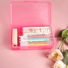 DANRONG Plastic Pencil Box 2 Pack, Large Capacity Pencil Case, Colored Pencil Boxes for Kids Adults, Hard Crayon Box Storage with Snap-Tight Lid for School Office Supplies (Pink & Blue)