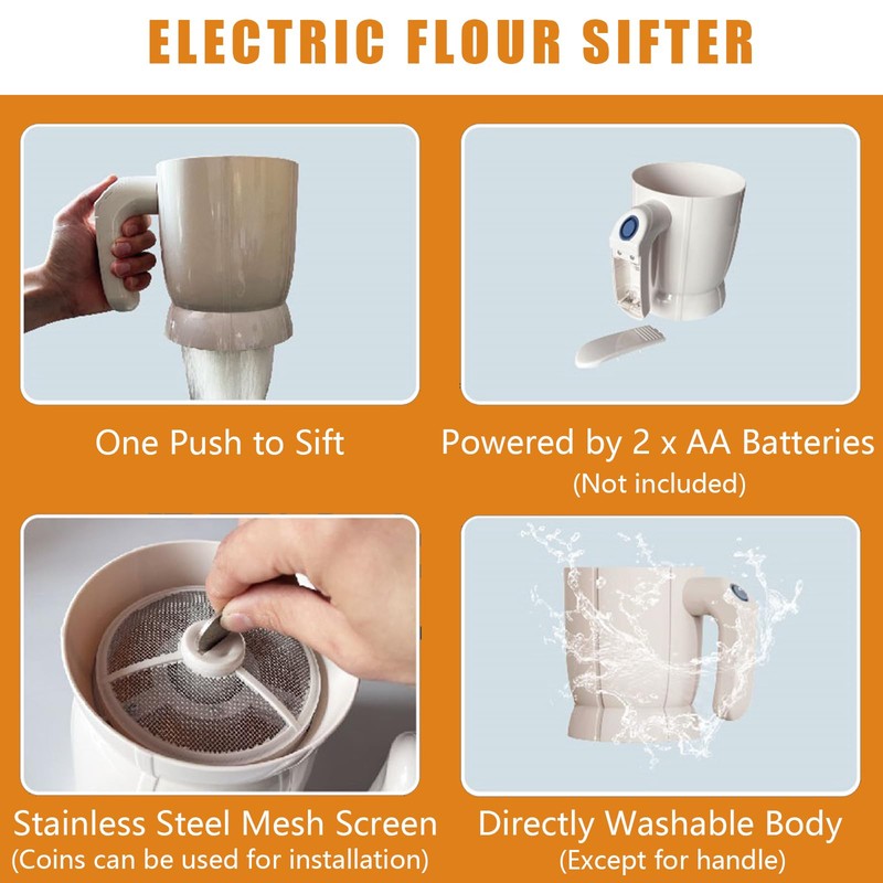KIDENEI Electric Flour Sifter with Dough Scraper, 4 Cup Capacity