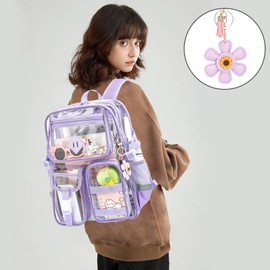 Xunteny Clear Backpack for School, Heavy Duty Transparent Bookbag for Girls Women with Sunflower Keychain (Lavender Purple)
