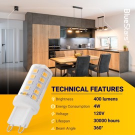 BlueStars G9 LED Bulb 4W (40W Halogen Equivalent) 2700K Warm White 120V 360° Beam Angle, T4 Halogen Replacement Bulbs for Crystal Chandelier Wall Pendant Lamps, Dimmable No-Flicker, 10-Pack