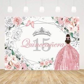 Sendy 10x7ft Quinceanera 15th Birthday Backdrop for Sweet Girl Mis Quince Anos 15th Birthday Party Decorations Pink Rose Gold Silver Glitter Floral Crown Butterfly Banner Photography Background Props