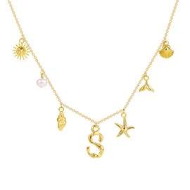 SLOONG Initial Charm Necklace 14K Gold Plated Letter Neckalce Freshwater Pearl Necklace Choker Boho Summer Seashell Beach Starfish Surfer Jewelry Gifts for Women S