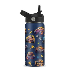 ROVOZAR Monster Truck Water Bottle - 16oz Monster Truck Stainless Steel Water Bottle with Straw - Funny Trucks Insulated Cup for Boys - Trucks Kids Tumbler for School, Sports, Travel
