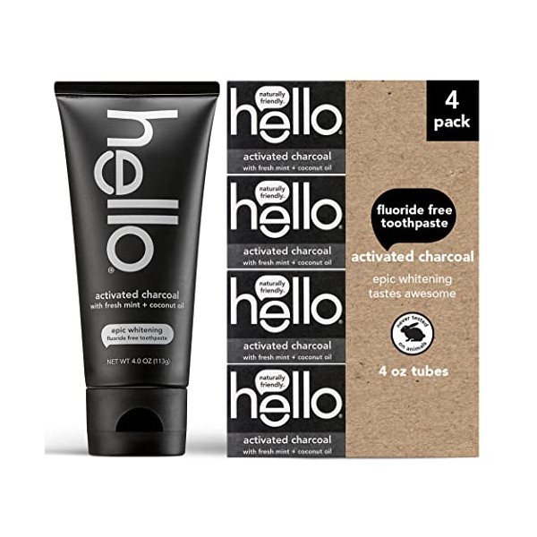 hello Activated Charcoal Epic Teeth Whitening Fluoride Free Toothpaste, Fresh Mint and Coconut Oil, Vegan, SLS Free, Gluten Free and Peroxide Free, 4 Ounce (Pack of 4)