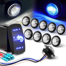 Okerny 10pcs 3/4 Inch Dual-Color LED Marker Lights with 7-Pin Rocker Switch, White-Blue Round Front Rear Side Marker Indicators Flush Mount Lights for Truck, Trailer,Car,Bus,Van,Caravan Boat,RV