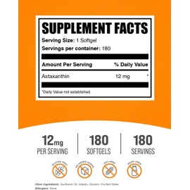 BulkSupplements.com Astaxanthin 12mg Softgels - Astaxanthin Supplements, Antioxidant Source - Gluten Free, 1 Softgel per Serving, 180 Count (Pack of 1)