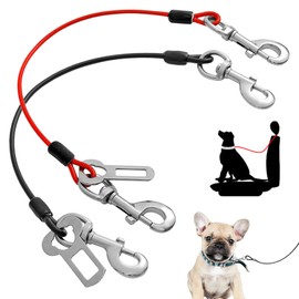 DAVBNM 2 Pcs Dog Car Seat Belt, Chew Proof Steel Rope Car Seatbelt, Vehicle Harnesses with Double Clips and Latch (Black, Red, 24 inch/60 CM)