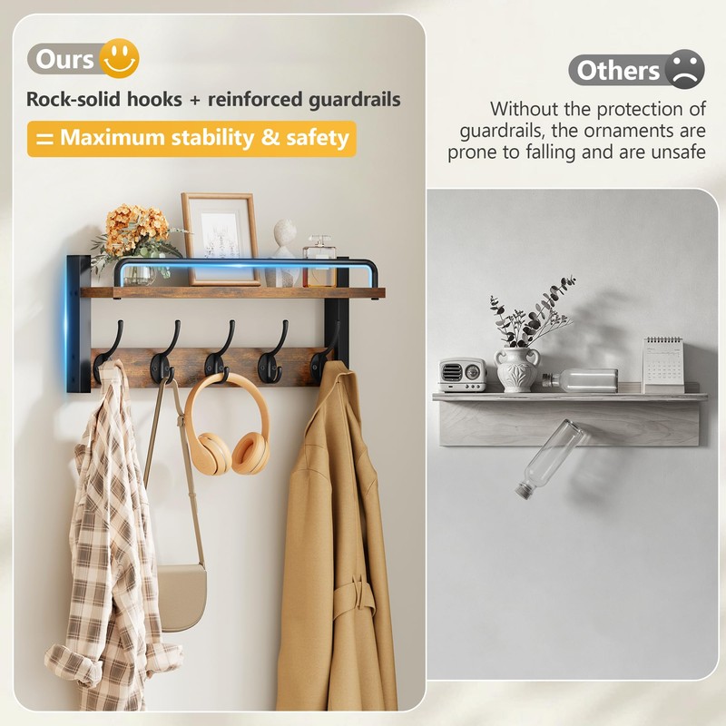 Tajsoon Coat Hanger Wall Mount with Shelf and Guardrail, 16.3"