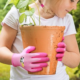QEAR Safety Gardening Gloves for Children Aged 7 to 9 Years, Rubber Palm, Resistant to Water and Dirt, Pink