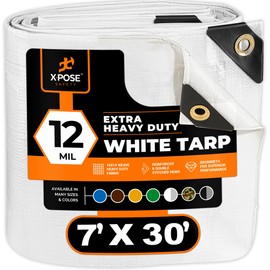 Heavy Duty White Poly Tarp 7' X 30' - Multipurpose Protective Cover - Durable, Waterproof, Weather Proof, Rip and Tear Resistant - Extra Thick 12 Mil Polyethylene - by Xpose Safety