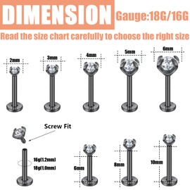 ZS Lip Labret Stud Earrings, 16G/18G Stainless Steel Internally Threaded Jewelry for Nose Conch Medusa Cubic Zirconia Helix Tragus Earring for Men and Women, crystal diamond gemstone, Cubic Zirconia