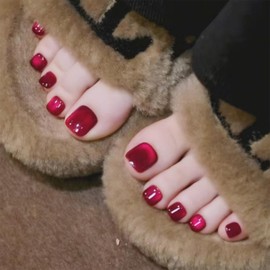 SINHOT Red Press on Toenails Glossy Fake Toe Nails Glue on Toenails Summer Acrylic Toe Fake Nail Supplies Bling Cat Eye False Toenail Art with Design Full Cover Press-on ToeNails DIY 24pcs