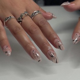 MISUD Press on Nails - Medium Almond Glue on Nails with Silver Chrome, Acrylic 3D Pearl Design 24 pcs