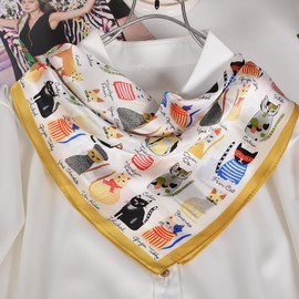 Sichdew 100% Mulberry Silk Square Scarf for Women Cartoon Cat Design Small Silk Scarfs,Lightweight Neckerchief 21“*21'' (beige yellow)