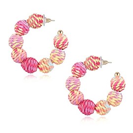 Raffia Hoop Earrings for Women - Boho Colorful Rainbow Beaded Bohemian Statement Rattan Circle Dangle Drop for Summer Beach, Stainless Steel, No Gemstone