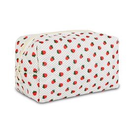 AMZMA Quilted Makeup Pouch,Cotton Puffy Makeup Bag, Coquette Cosmetic Bag for Women and Girls, Aesthetic Organizer Bag, Cute Flower Travel Toiletry Bag, Strawberry