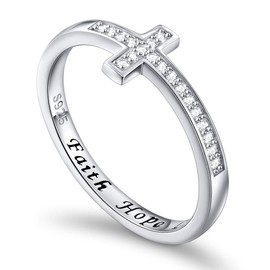 Flyow 925 Sterling Silver jewellery Sideways Cross White Ring Engraved Faith Hope Love