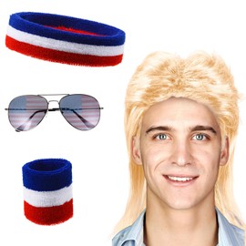 Chuangdi 4th of July Mullet Wigs for Men 80s Men's Mullet Wig Independence Day Disco Usa Wristband patriotic American Flag Sunglasses 80s Costume Party(Shiny Gold)