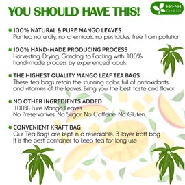 FreshDrinkUS, Premium 100 Mango Leaf Tea Bags, 100% Natural& Pure from Mango Leaves. Loose Leaf Mango Herbal Tea. Mango Leaf Tea. No Sugar, No Caffeine, No Gluten, Vegan.