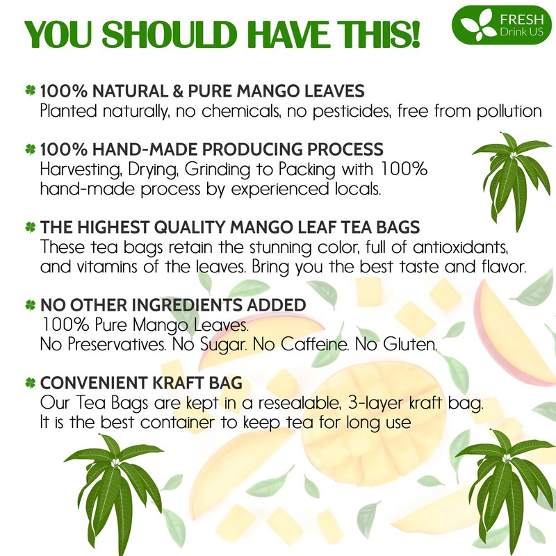 FreshDrinkUS, Premium 100 Mango Leaf Tea Bags, 100% Natural& Pure