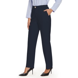 Tapata Women's 32" Linen Dress Pants Straight Leg Long Work Pants with Pockets for Office Business Casual Navy Blue, XS
