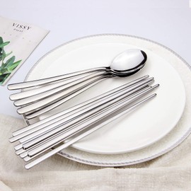 5 Pairs Chopsticks and 5 Spoons Set, YFWOOD 10 Pieces Korean Stainless Steel Chopsticks Spoons, Kitchen Reusable Metal Flat Long Handle Chopstick Spoon Set for Home, Kitchen or Restaurant