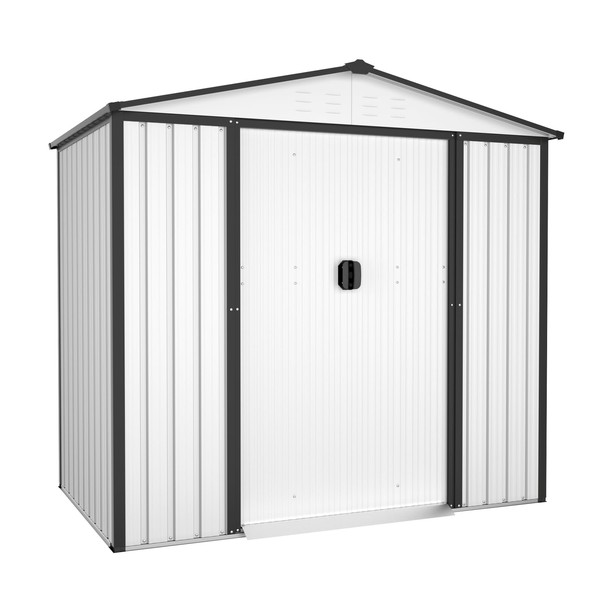 Betterland Outdoor Storage Shed 4×6 FT Garden Metal Tool House, Walk-in Steel Double Sloping Roof Shed with Sliding Door for Garden, Lawn, Backyard (White)