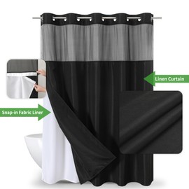 eachope No Hooks Needed Linen Textured Shower Curtain with Snap-in Fabric Liner Set,Black Hotel Luxury Decor Shower Curtains for Bathroom with Mesh Top Window,Waterproof & Washable,71Wx74H