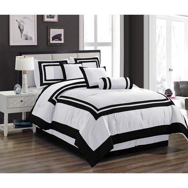 Chezmoi Collection 7 Pieces Caprice White Black Hotel Comforter Set California-Cal King Size Bedding