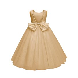 zikusel Tulle Wedding Flower Girl Dress Glitter Gold First Communion Dress Princess Pearl V-Back Floor-Length Birthday Party Gown 8-9 Years