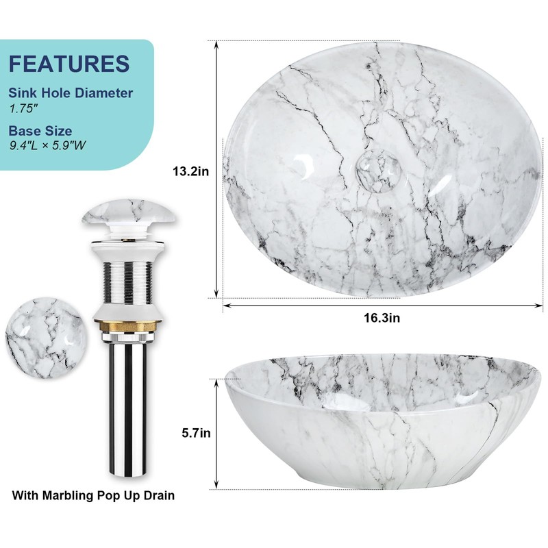 Davivy 16.3"x13.2" Nordic Marbling Oval Vessel Sink with Pop Up