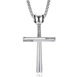 Aloluo Baseball Cross Necklaces for Men Women Stainless Steel Silver Plated Baseball Bat Pendant Necklace Sport Jewelry Gifts