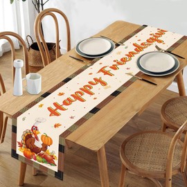 Friendsgiving Decorations Table Runner 13x72in Long Linen Happy Thanksgiving Fall Turkey Maple Leaves Pumpkin Tablecloth Friends Giving Tables Runners for Indoor Outdoor Home Party Table Decorations