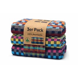 KH-Haushaltshandel Pack of 3 Terry Towel 50 x 90 cm Multicoloured Dark Checked Hand Towel Tea Towel 100% Cotton